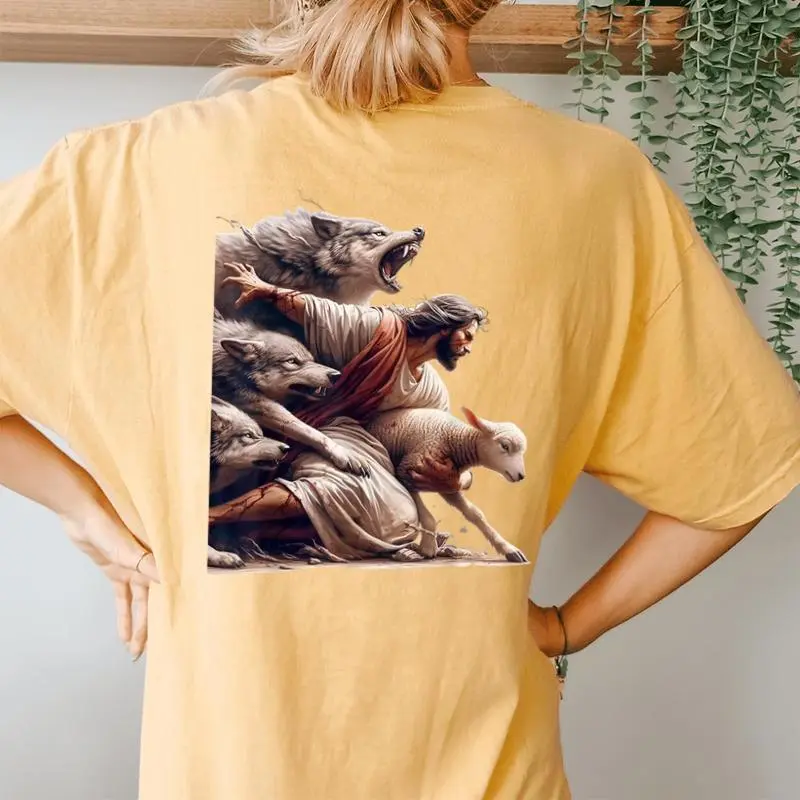 Jesus Protects The Lamb From Wolves Christian God Jesus Women's Oversized Comfort T-Shirt Back Print