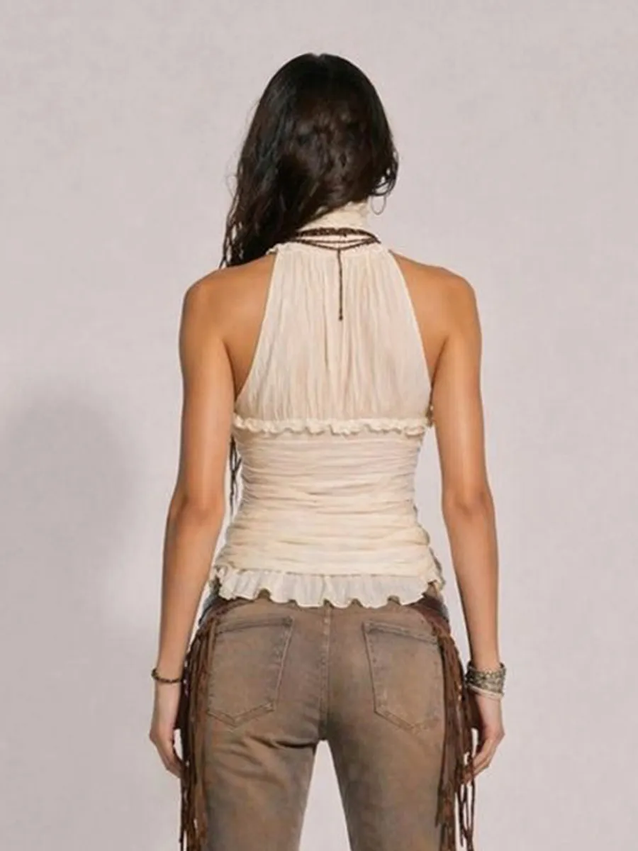 Daria High-Neck Sleeveless Ruched Top