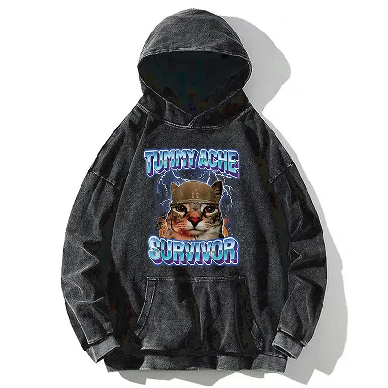 Tummy Ache Survivor Cat Meme Washed Hoodie