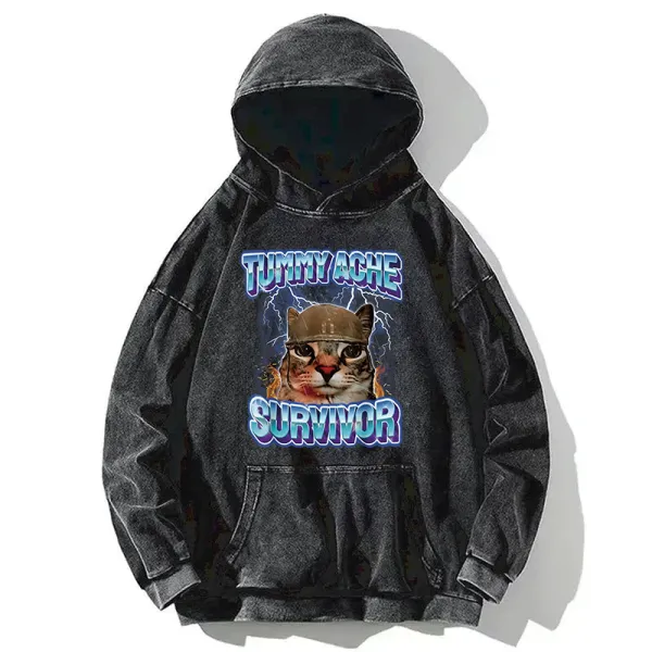 Tummy Ache Survivor Cat Meme Washed Hoodie