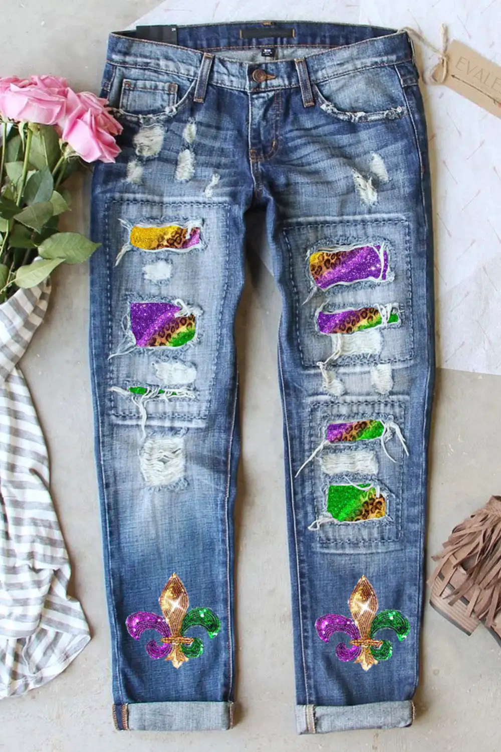 Shiny Fleur De Lis Patch Distressed Jeans