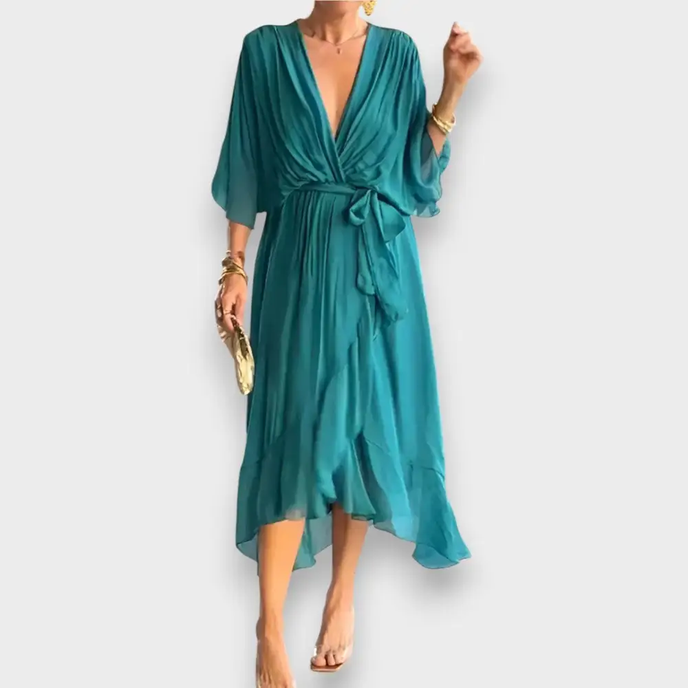 V-Neck Belted Casual Dress