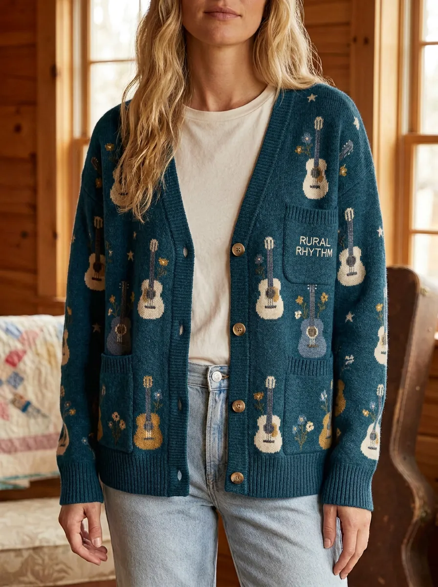 Rustic Guitar Women's Country Music Casual Cardigan