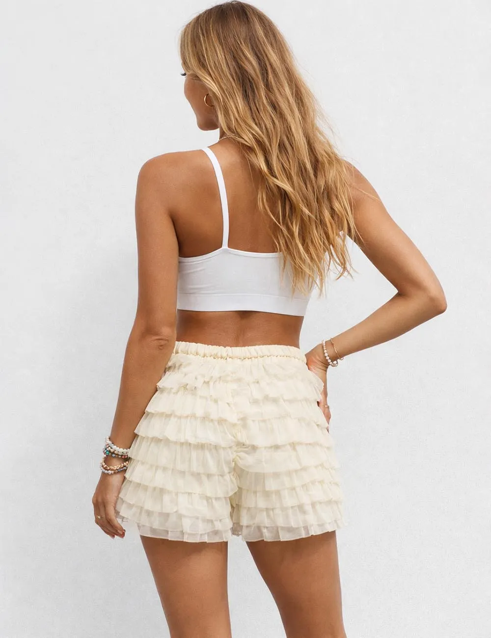 Tiered Mesh Ruffle Solid Color Elastic Waist Mini Shorts
