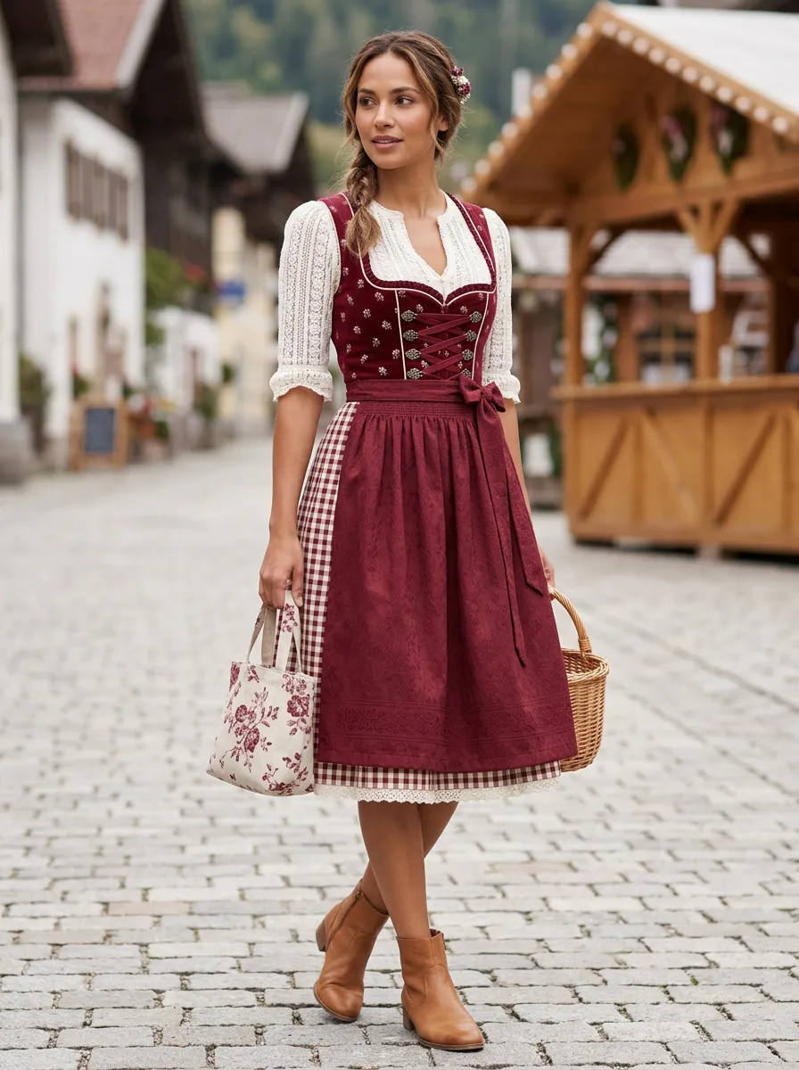 Floral Embroidered Gingham Sweetheart Neck Lace Blouse Women's Bavarian Oktoberfest Dirndl Dress