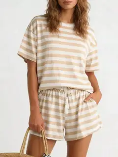 Refined Drawstring Pocketed Striped Tee and Shorts Matching Set