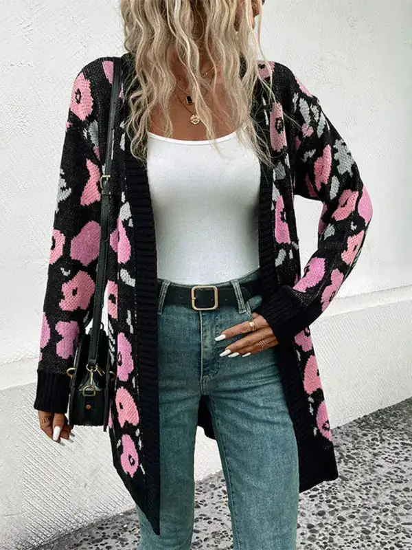 Long-Sleeve Knit Floral Pocketed Cardigan