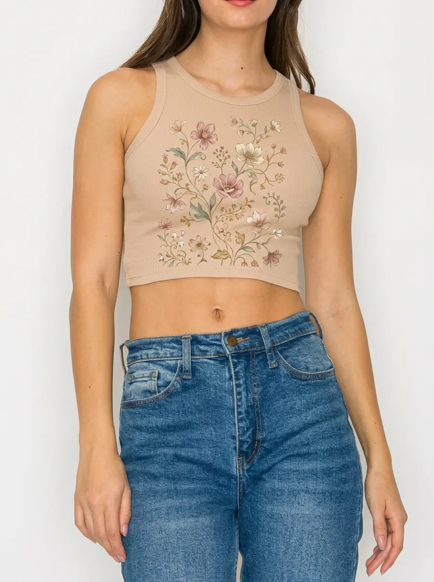 Women's Botanical Floral Art Printed Ribbed Crop Tank Top