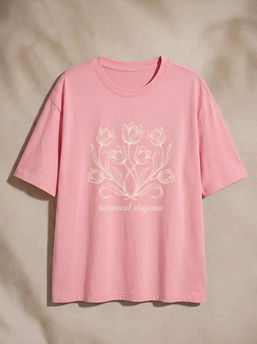 Women's Botanical Tulip Flower Line Art Printed T-shirt