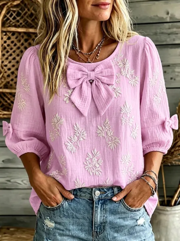 Women's Round Neck Bow-detail Three-quarter Sleeve Blouse