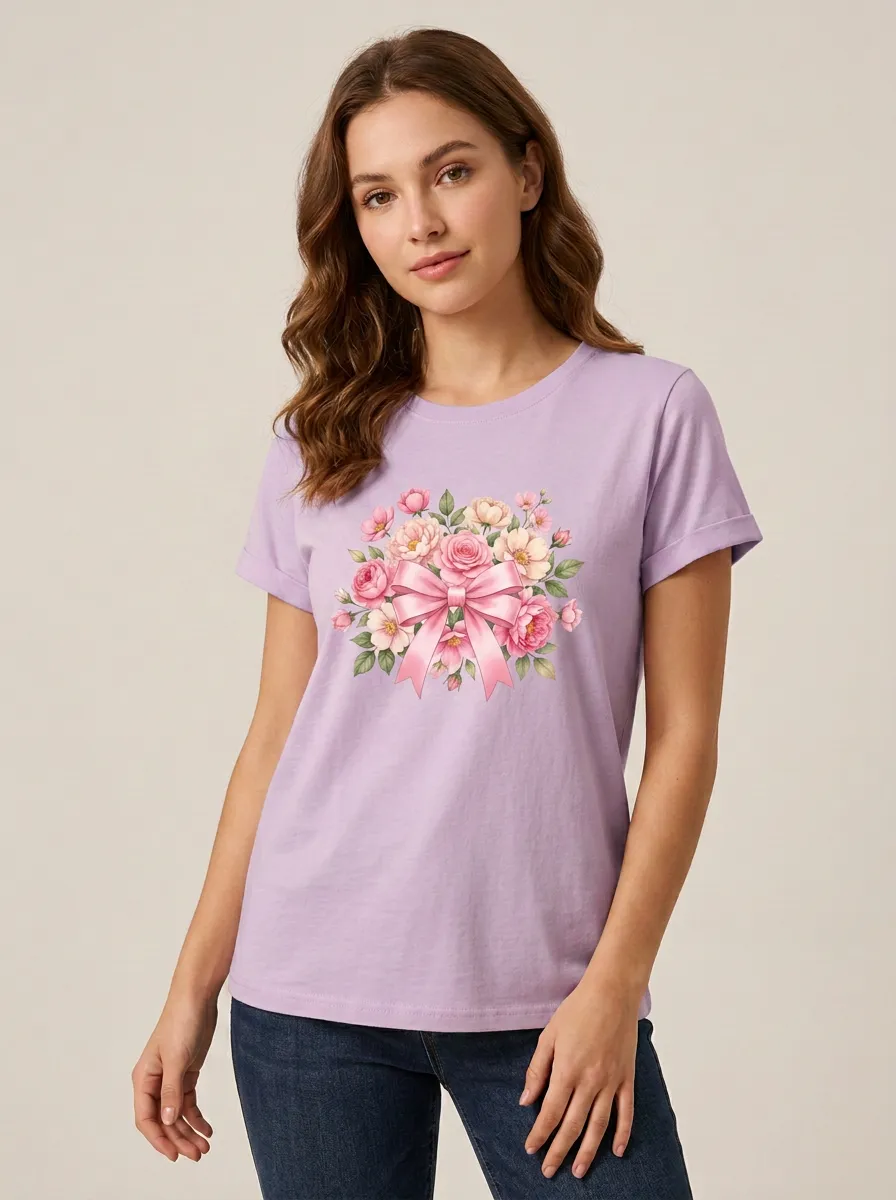 Women's Breast Cancer Awareness Floral Ribbon Printed T-shirt
