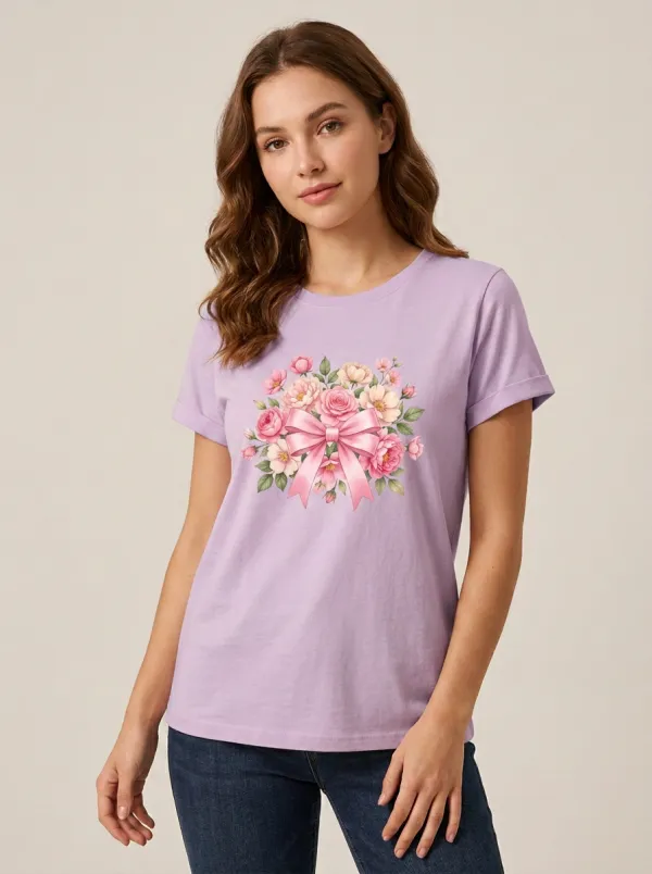 Women's Breast Cancer Awareness Floral Ribbon Printed T-shirt