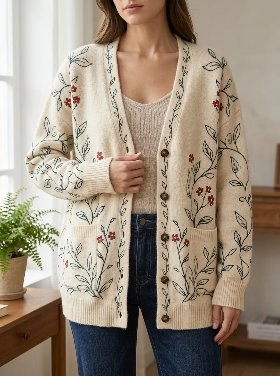 Women's Botanical Floral Vine Red Flower Printed Cardigan