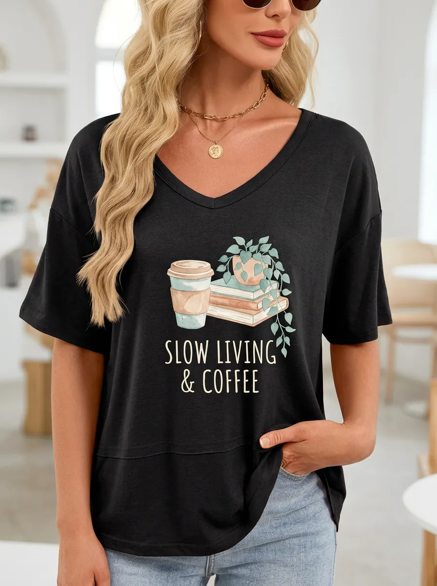 Women's Slow Living Coffee Books Plant Printed V-Neck T-shirt