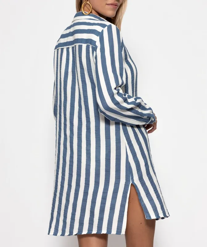 Denim Blue Off White Striped Midi Dress