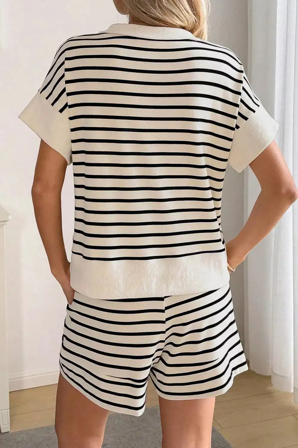 Striped Half Zip Top Shorts Set