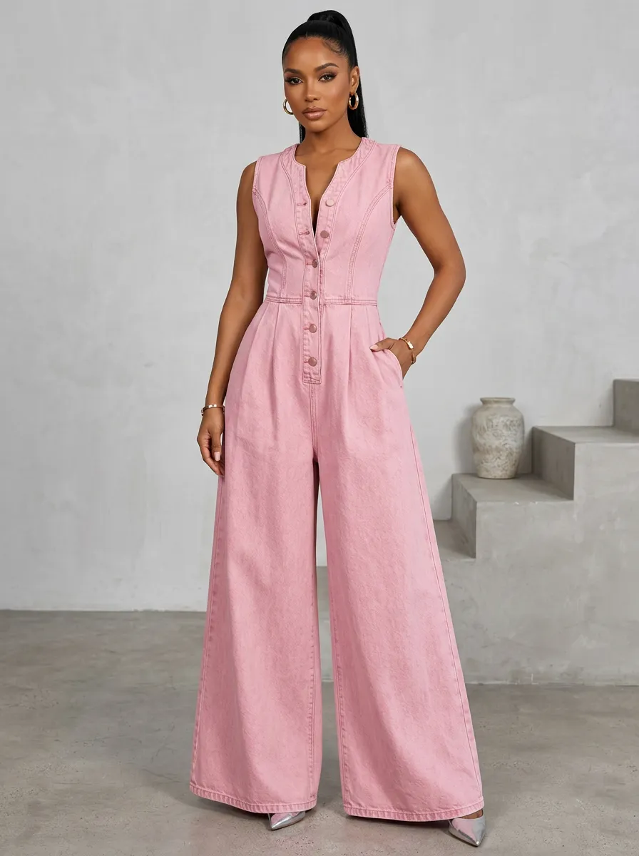 Pink Modern Sleeveless Button-Front Denim Jumpsuit