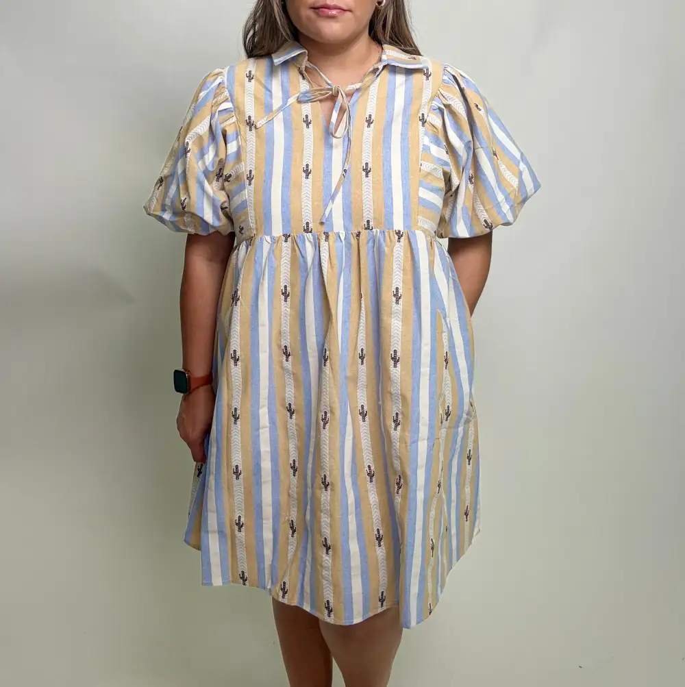 Striped Puff Sleeve Collared Dress