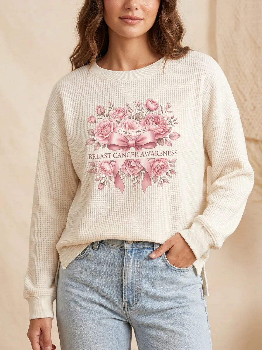 Graceful Ribbon Women's Breast Cancer Awareness Waffle Sweatshirt