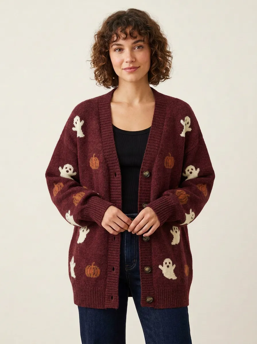 Women's Halloween Ghost Pumpkin Patterned Knitted Cardigan