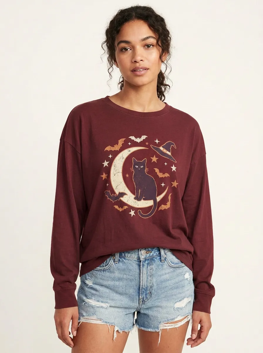 Women's Halloween Black Cat Moon Bats Witch Hat Printed Long Sleeve T-shirt