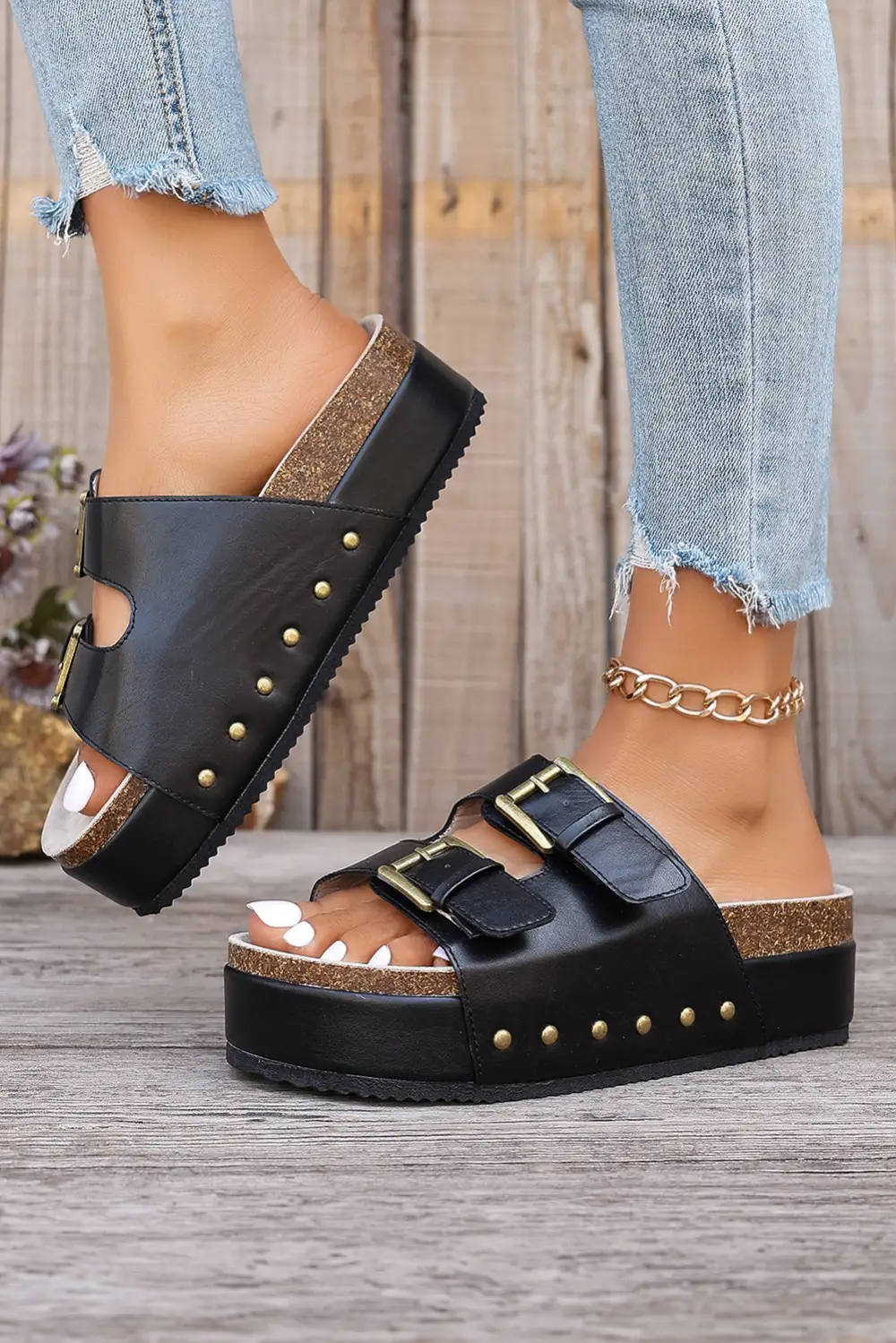 Dual Buckle Studded Platform Slippers