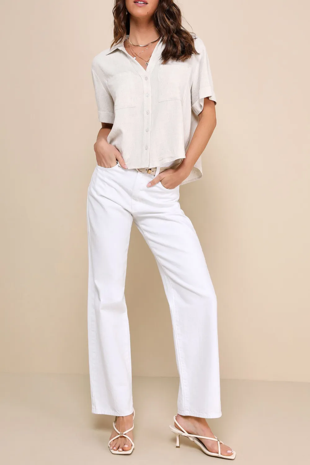 Short Sleeve Linen Collared Button-Up Top