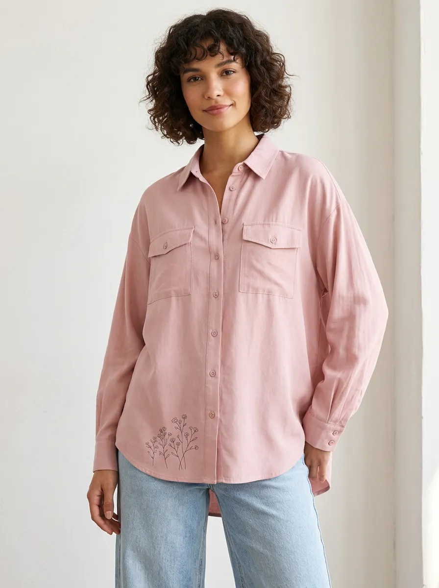 Women's Floral Minimalist Line Art Printed Button-Down Shirt