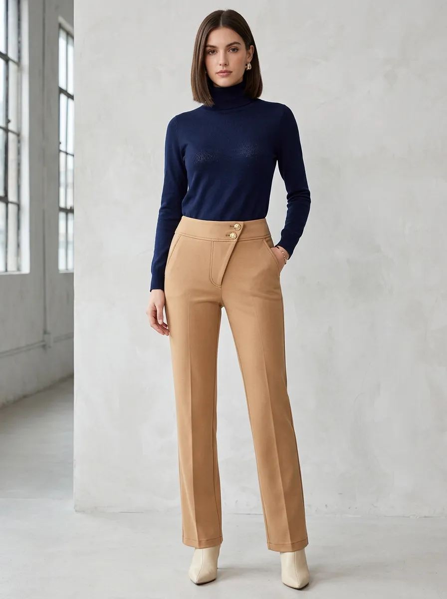 Women's High-Waisted Camel Asymmetric Button Trousers