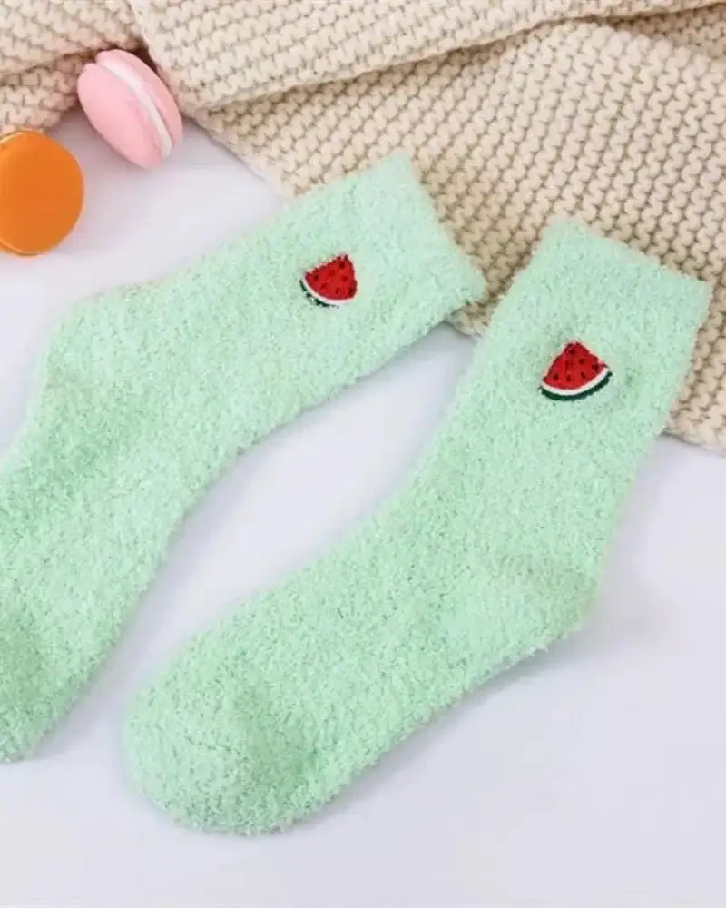 Plush Cherry Embroidered Knee High Socks