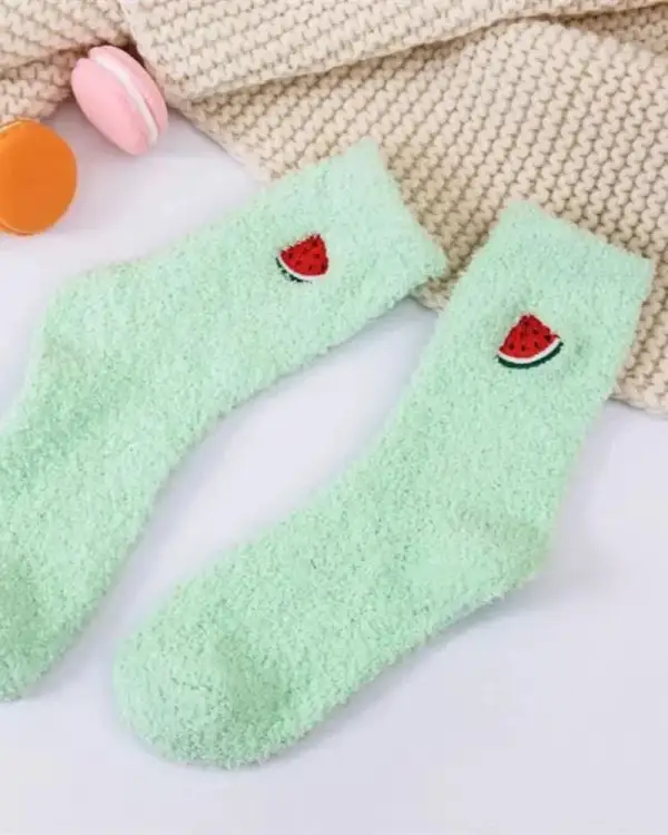 Plush Cherry Embroidered Knee High Socks