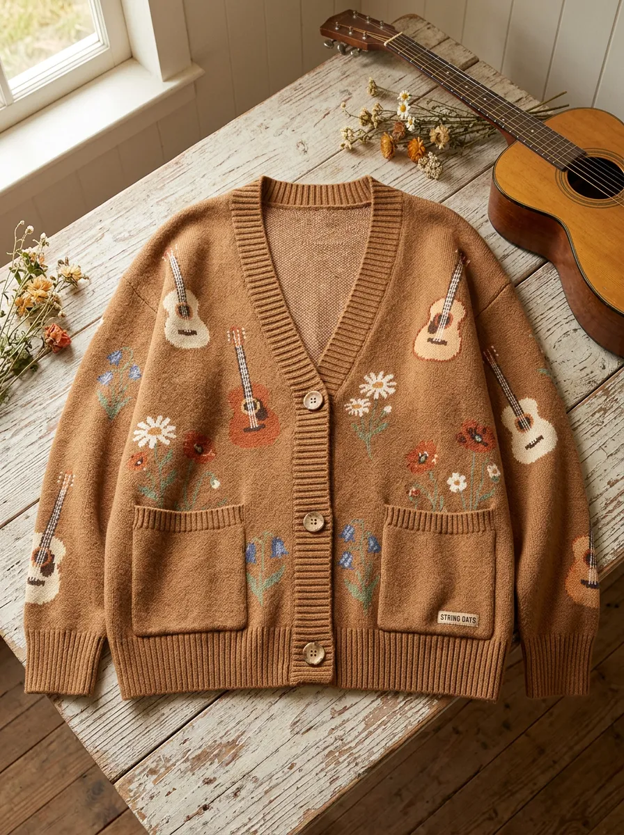 Guitar Knitted Country Music Cardigan