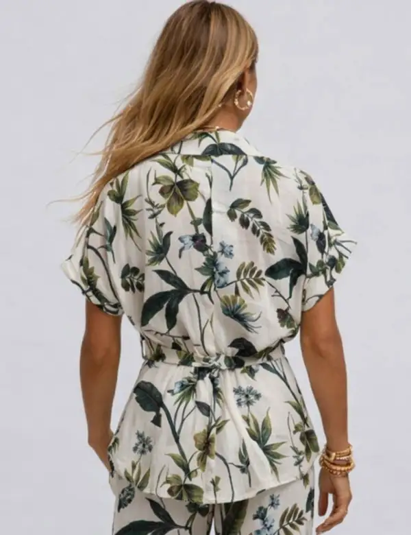 Leaves Print Button Down Short Sleeve Shirt