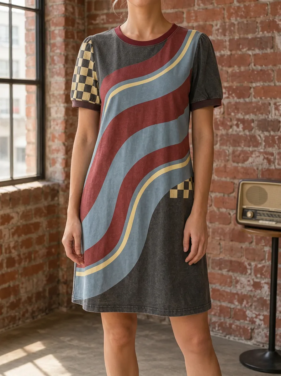 Women's Retro Aesthetic Wavy Checkered Printed Dress