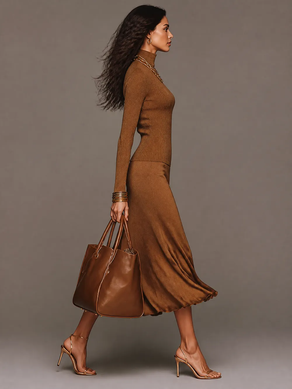 Elegant Amber Brown Turtleneck Vertical Ribbed Knit Satin Draped Knit Midi Dress