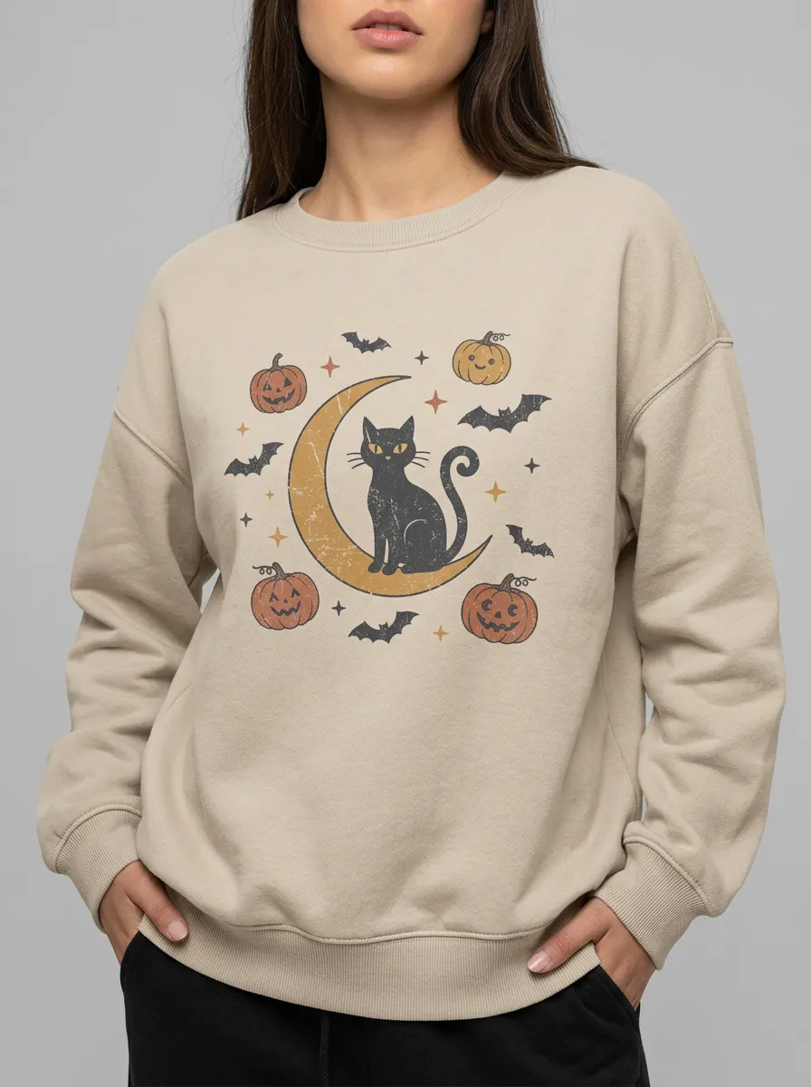 Women's Halloween Cat Moon Pumpkin Bats Printed Sweatshirt