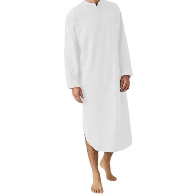 Men's Long Loose Shirt With Stand-up Collar Chest Pocket And Curved Hem