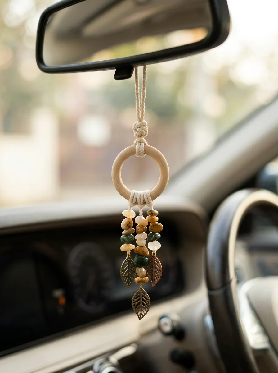 Macrame Crystal Leaf Rearview Mirror Hanging Ornament