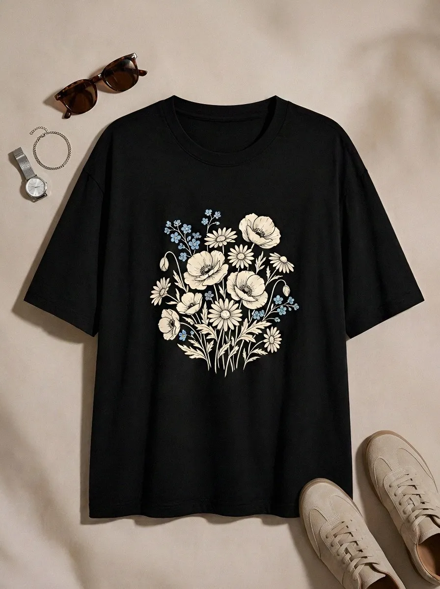 Women's Botanical Nature Lover Poppy Daisy Floral Printed T-shirt