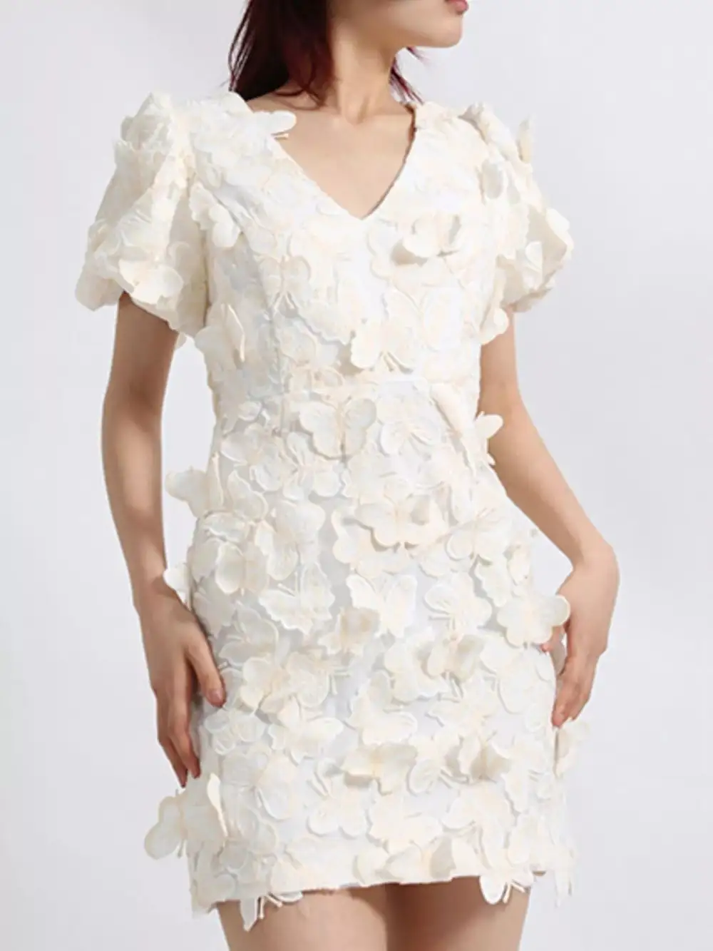 Butterfly Print V Neck Puff Sleeve Mini Dress