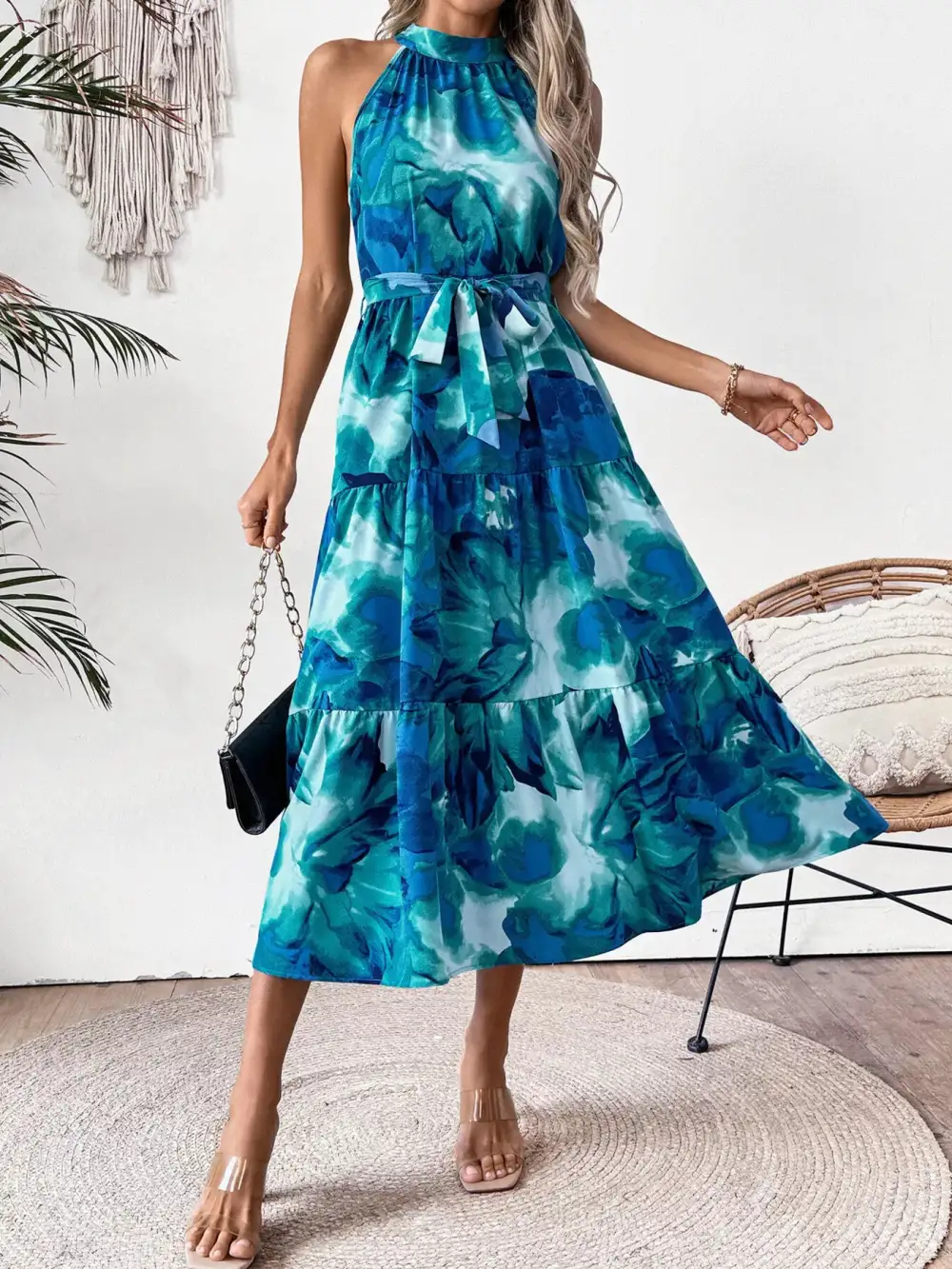 Tie-Waist Tiered Midi Dress