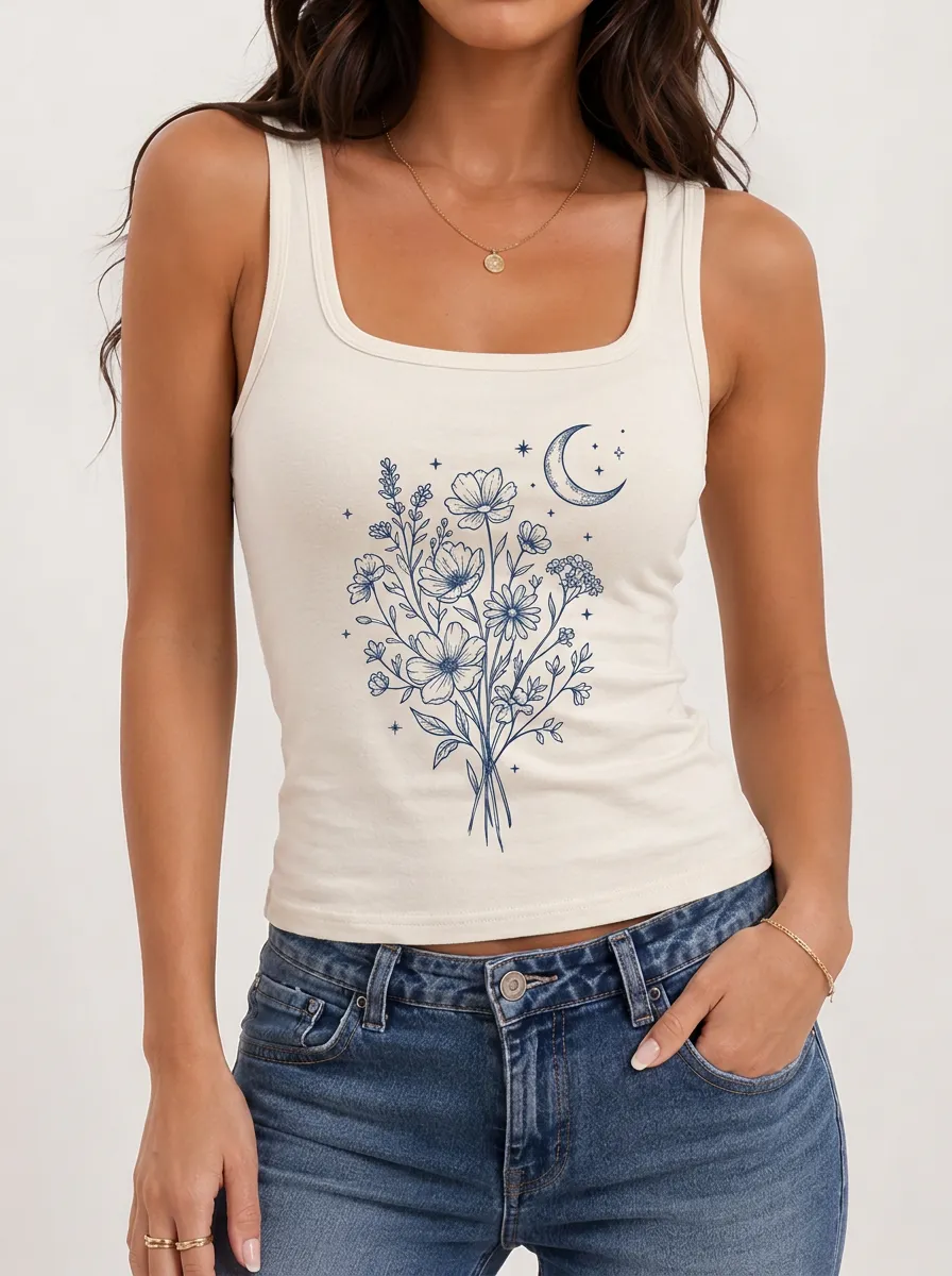 Women's Celestial Floral Moon Printed Tank Top