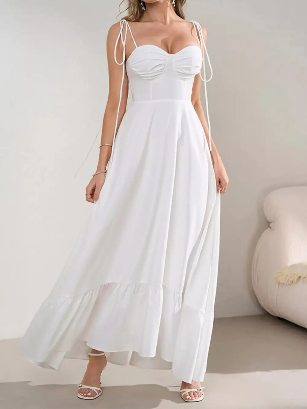 Sweetheart Neck Tie Strap Ruffle Hem Maxi Dress