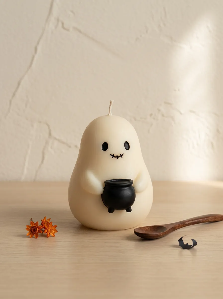 Halloween Ghost Holding Cauldron Shaped Candle
