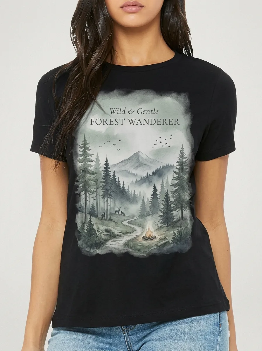 Women's Nature Lover Forest Wanderer Mountain Campfire Printed T-shirt