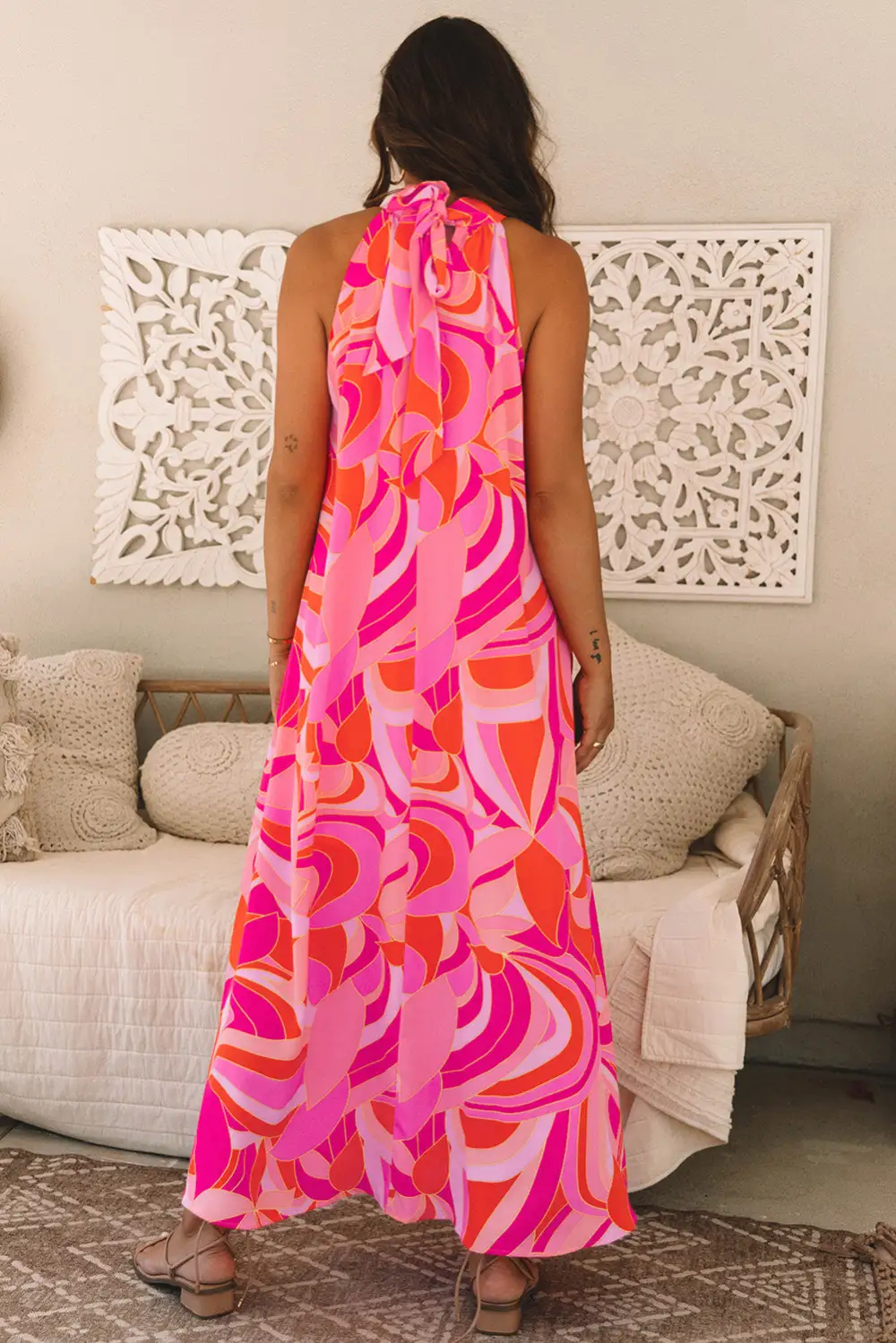 Rose Abstract Printed High Neck Knotted Nape Sleeveless Maxi