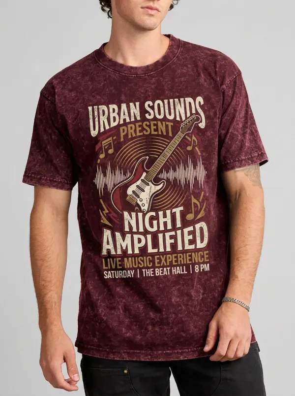 Men's Rock Music Lover Electric Guitar Night Amplified Printed T-shirt
