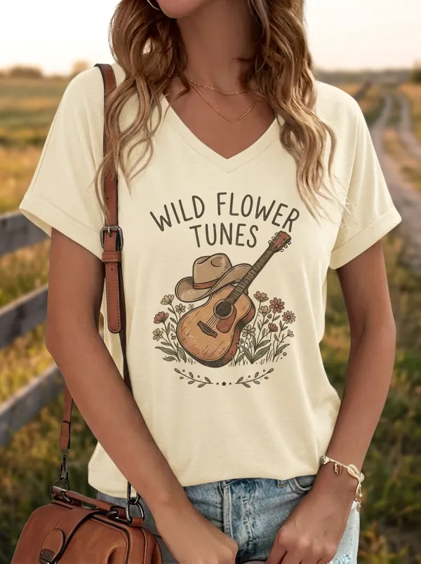 Guitar Wildflower Country Music Graphic T-Shirt
