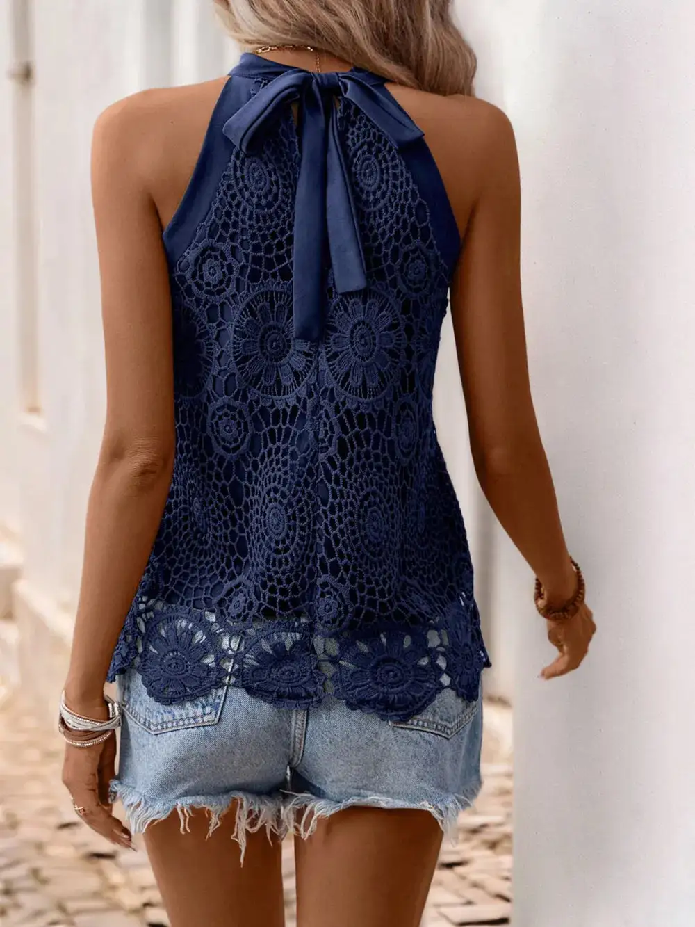 Lace Grecian Neck Tie-Back Top