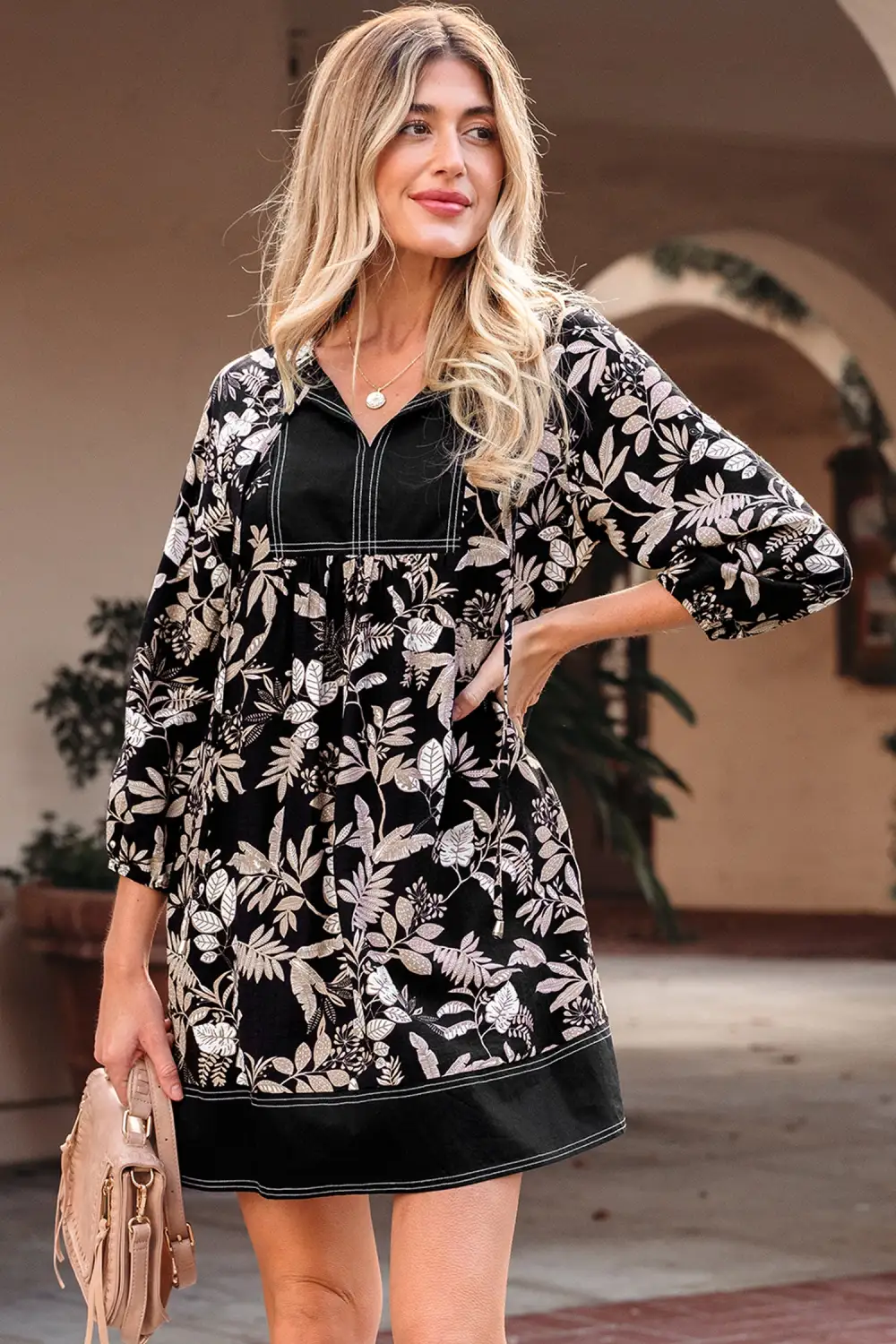 Layered Detail Printed Split Neck Mini Dress